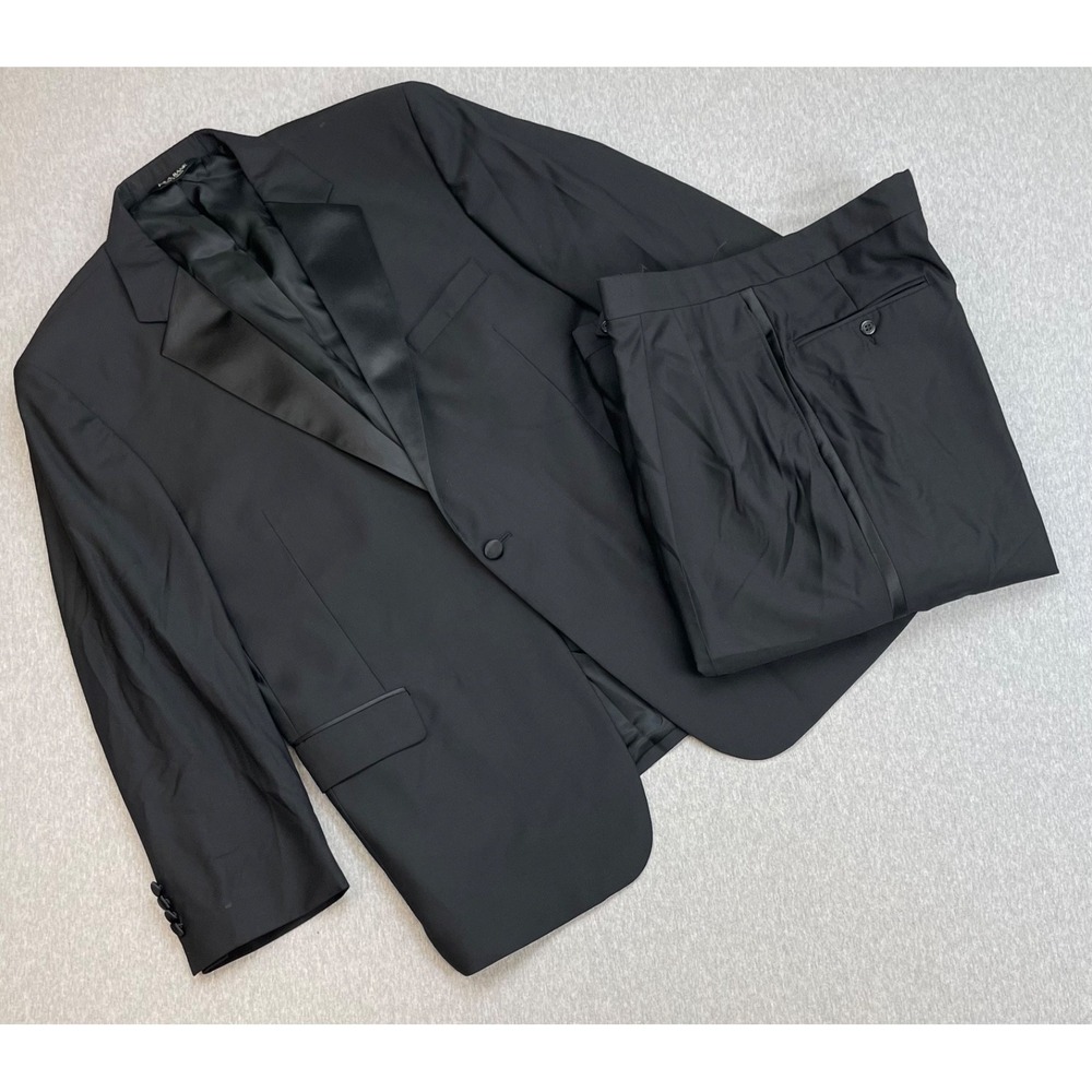 Jos A Bank Tuxedo Mens 46R Black 100% Wool One-Button Pants 38x30 Pleated- 2 Pcs